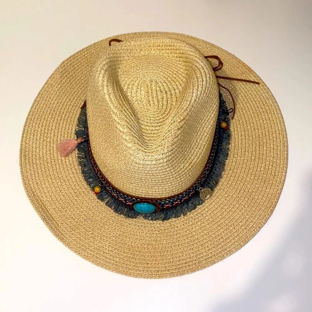 Turquoise Beaded Fringe Straw Sun Hat